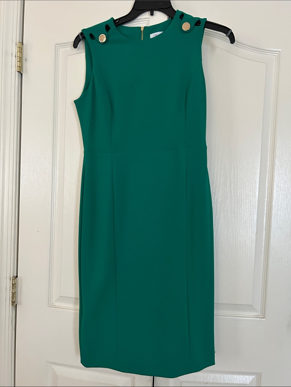 Calvin Klein Sleeveless Teal Sheath Dress with Gold Buttons